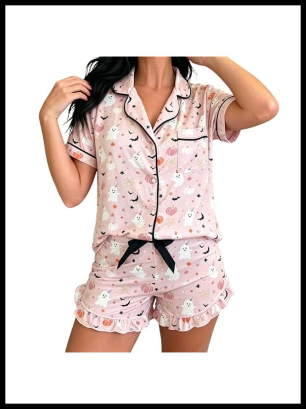 Women Silk Pajama Set Button Down Short Sleeve Ruffle Trim Shorts Sleepwear